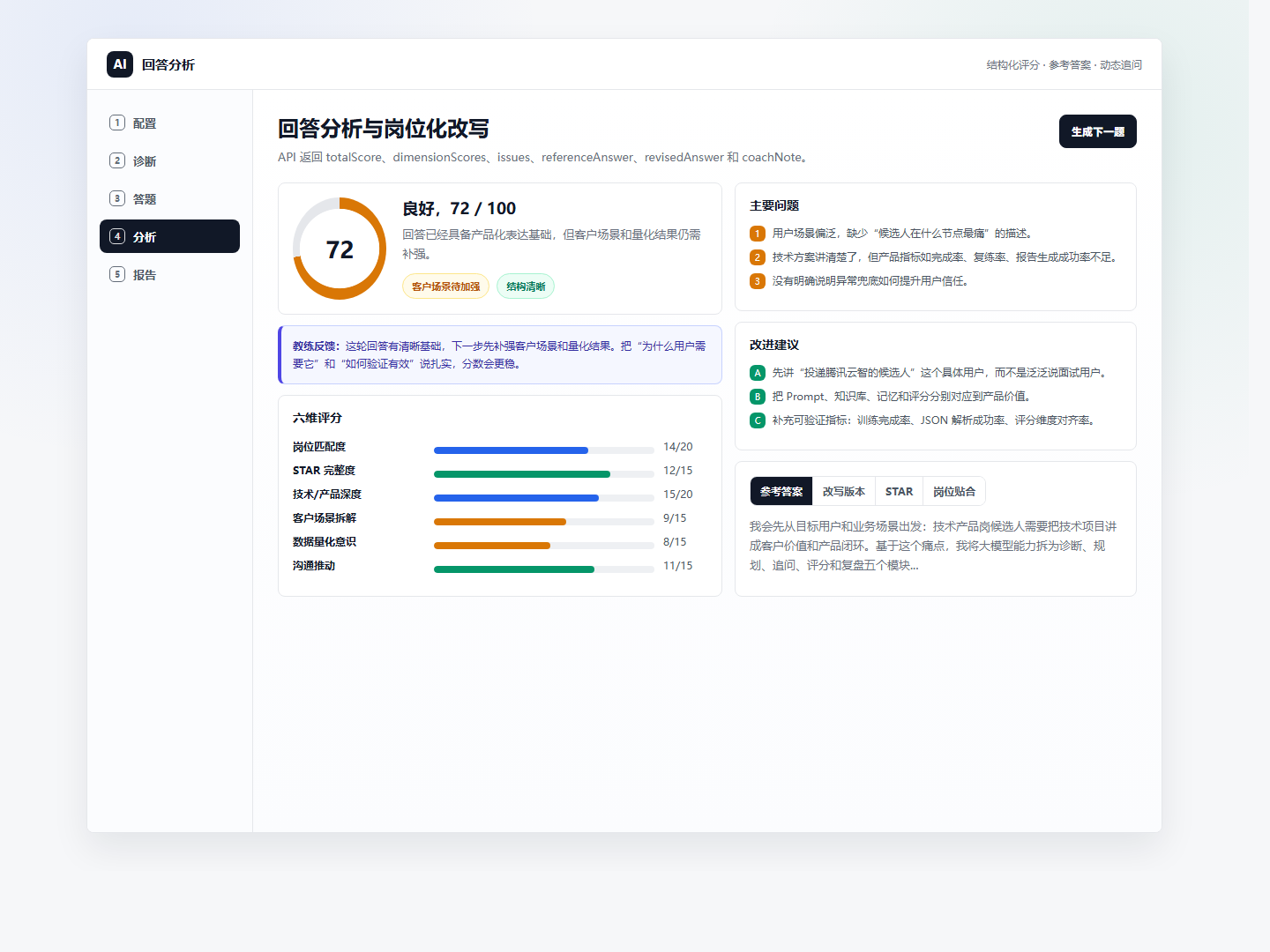 AI 面试训练 Agent 回答分析与岗位化改写原型图